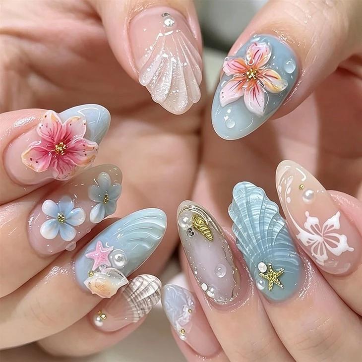 3D Blue Floral Ocean Press στα νύχια