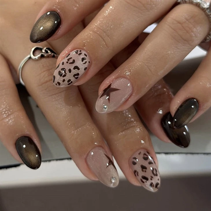 Μαύρο χρυσό Cat Eye Leopard Press On Nails
