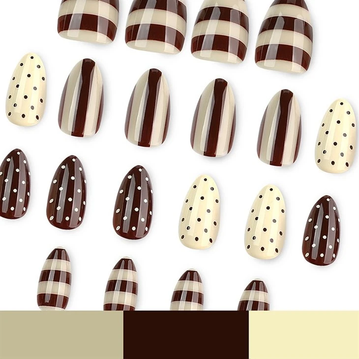 Brown Plaid Polka Dot Almond Press On Nails best